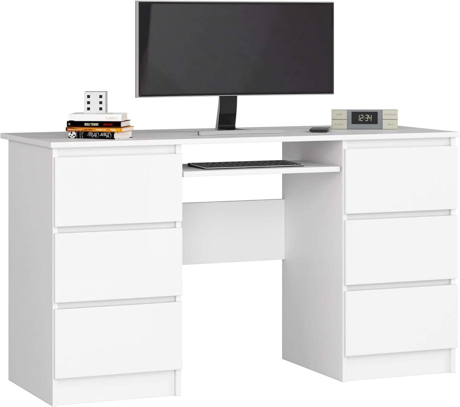Bureau d'ordinateur rectangulaire 135x77x50 cm avec 6 tiroirs et tablette clavier blanc style moderne compact-Bamboogohaus