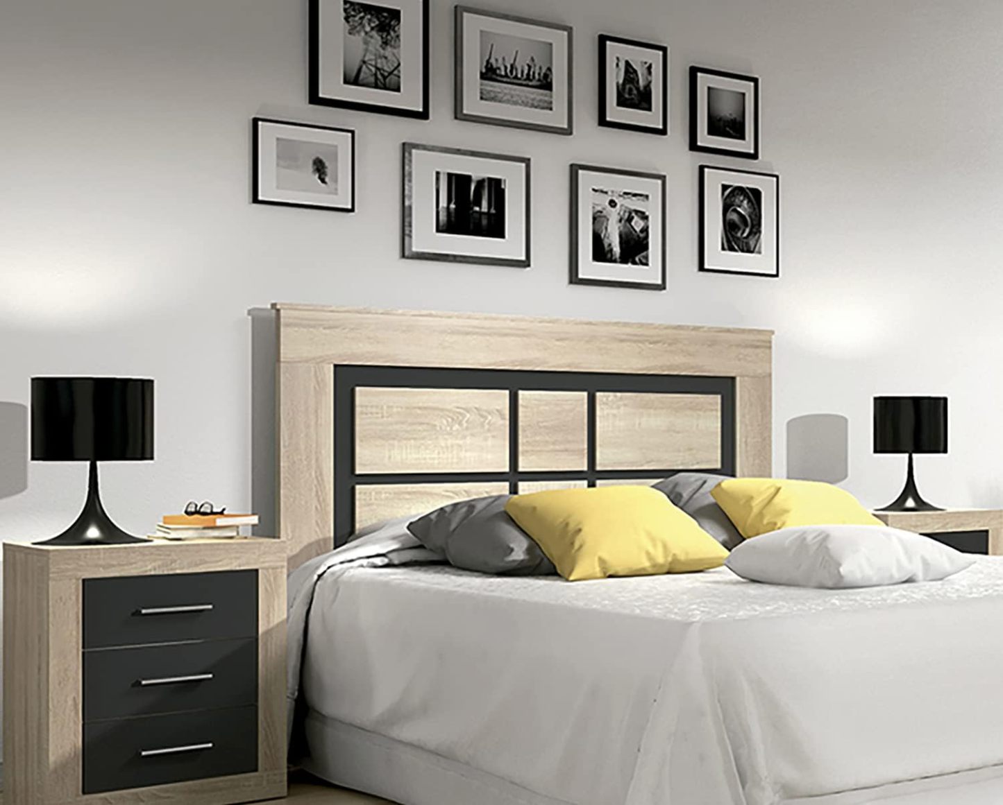 Ensemble tête de lit avec sommier et 2 chevets chêne Cambrian graphite style moderne-Bamboogohaus