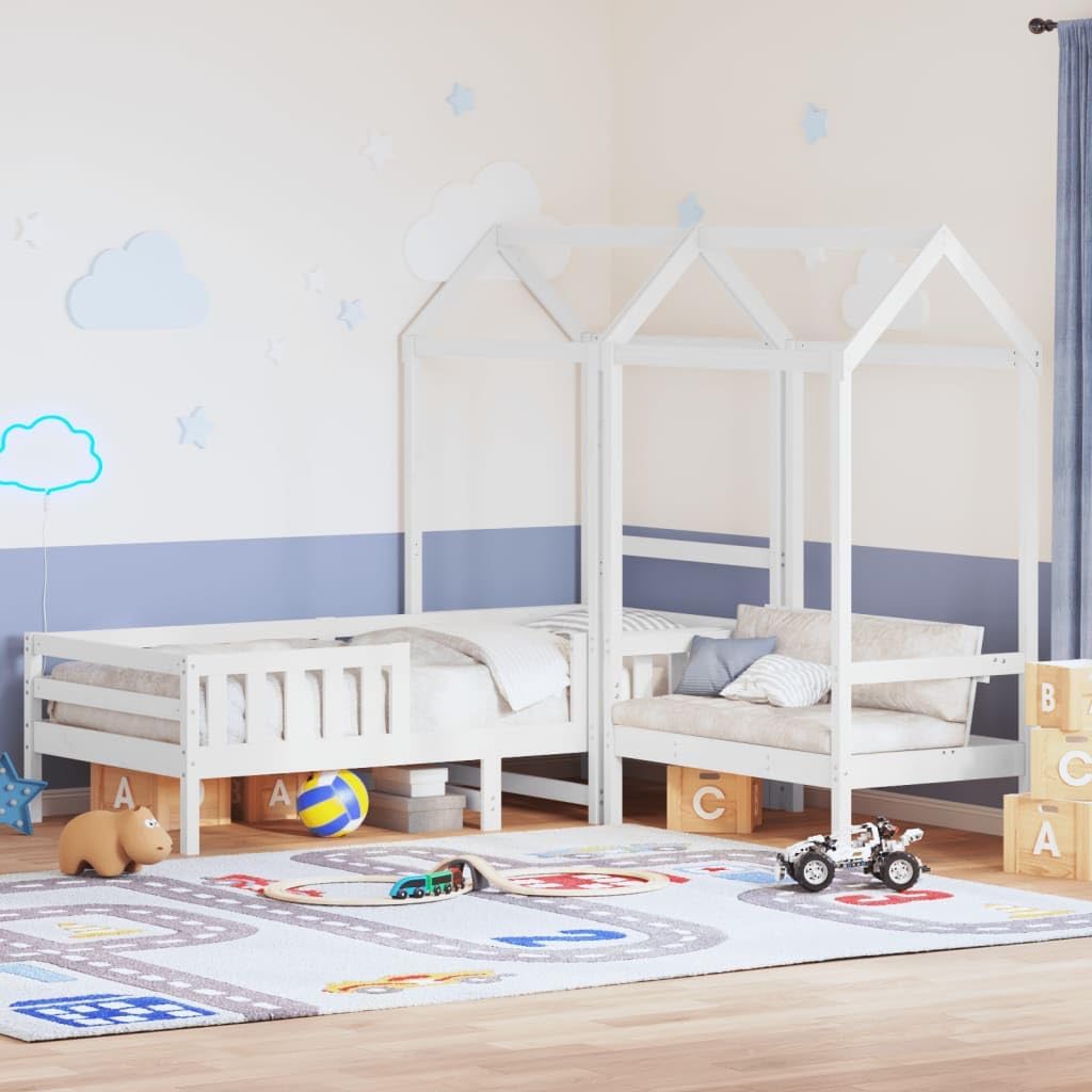 Lit enfant 100x200 cm en bois de pin massif avec toit banc cadre de lit design moderne blanc-Bamboogohaus