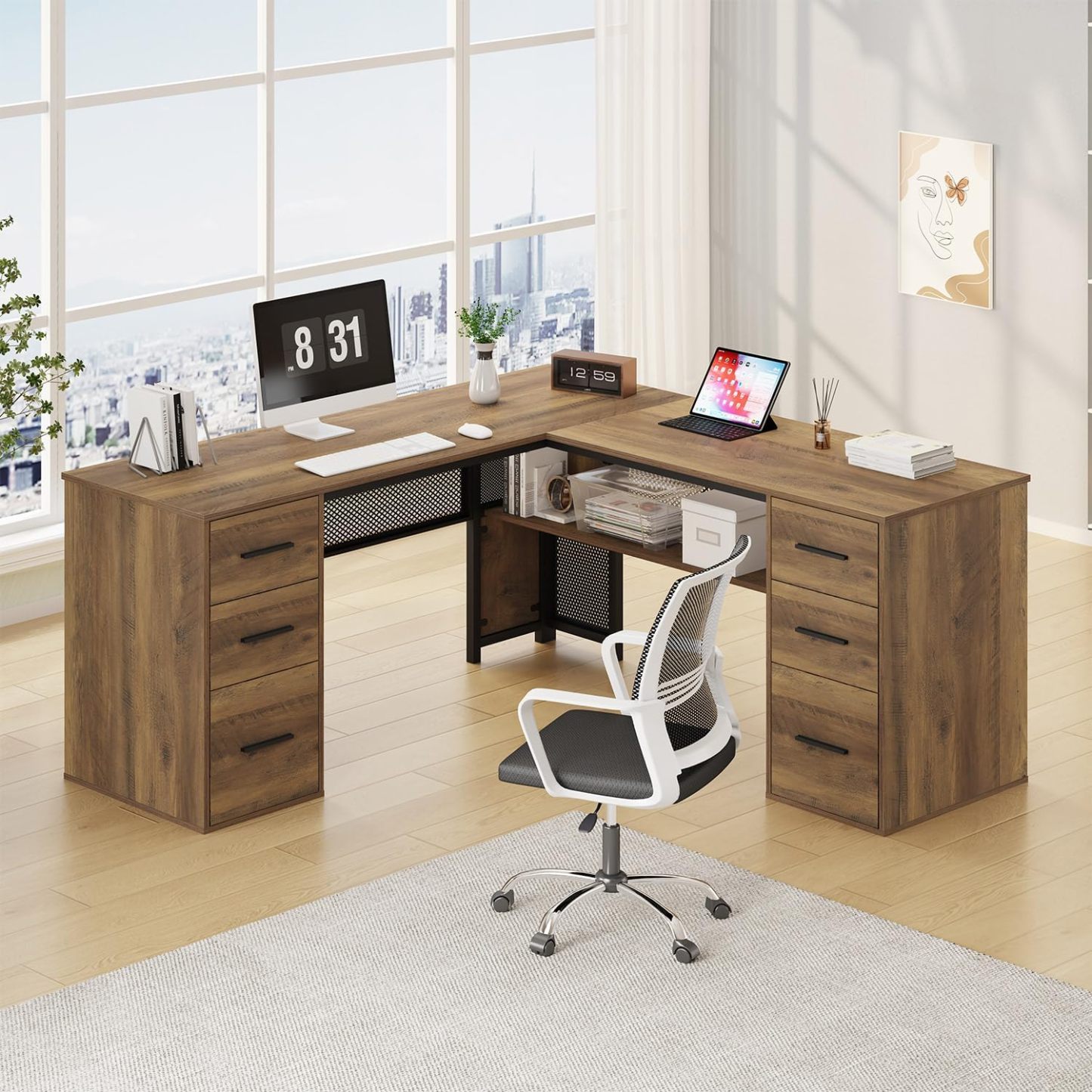 Grand bureau d'angle en forme de L 150x50x76,2 cm avec tiroirs étagères et armoire bois et métal chêne clair réversible style rustique-Bamboogohaus