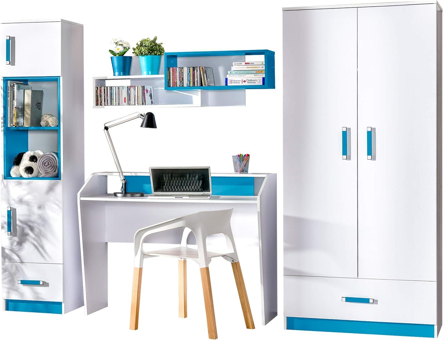 Ensemble chambre adolescent moderne armoire bureau étagères étagère murale kit complet design fonctionnel 4 pièces-Bamboogohaus