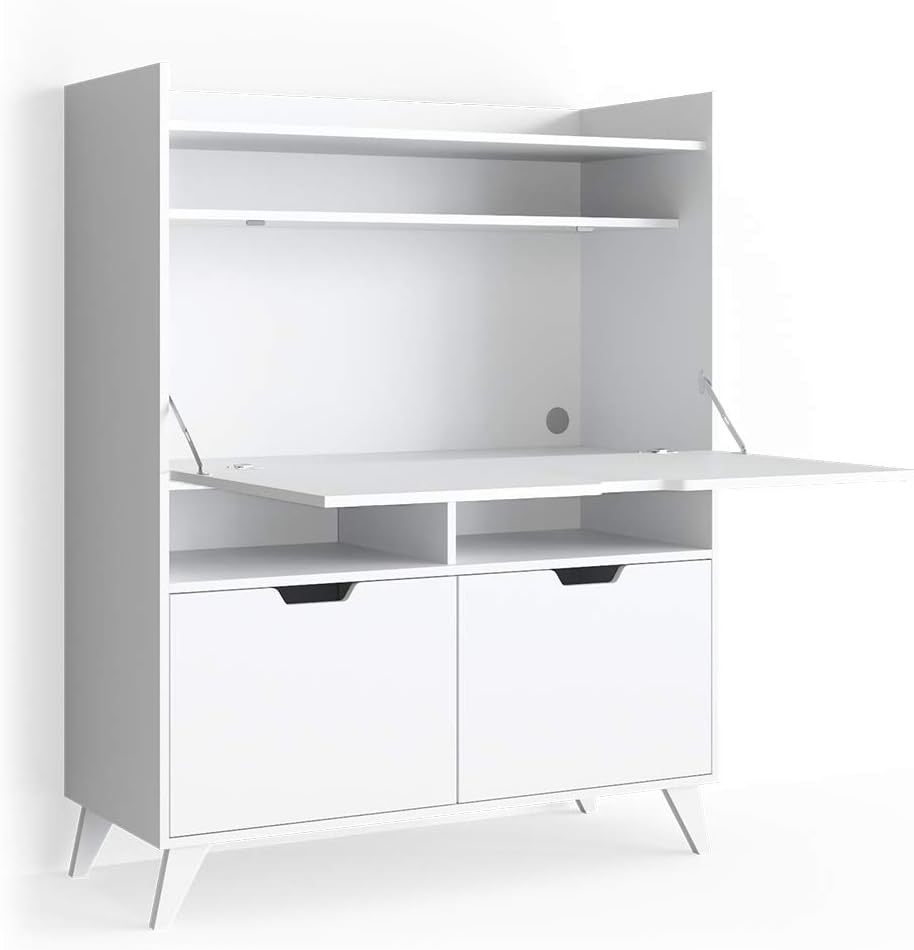 Secrétaire bureau rectangulaire 110x45x140 cm bureau d'ordinateur bois d'ingénierie blanc finition mate style moderne compact-Bamboogohaus