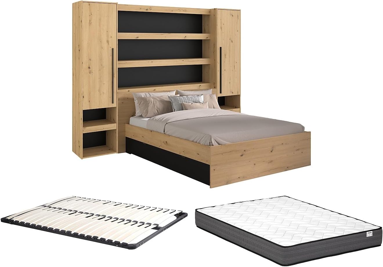 Lit pont 160x200 cm avec rangements et LED noir et naturel clair style contemporain avec sommier et matelas-Bamboogohaus