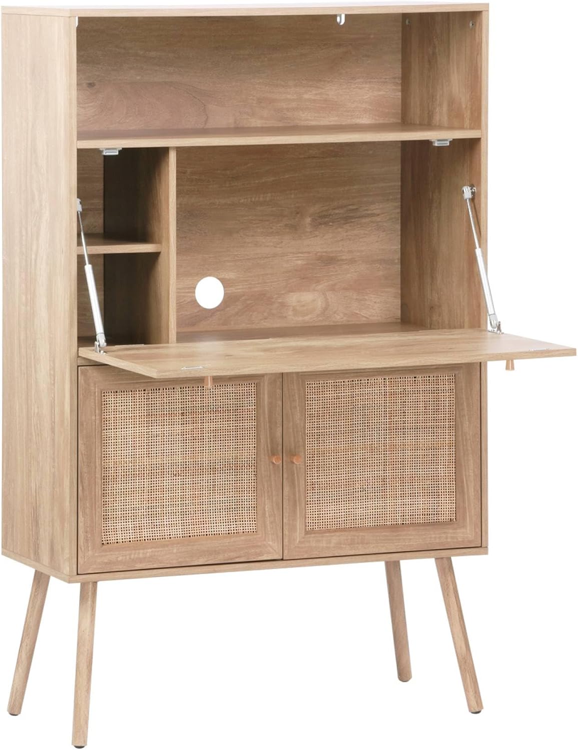 Bureau secrétaire 138x90x38 cm avec 2 portes cannage et étagères Beige Bois de sapin-Bamboogohaus