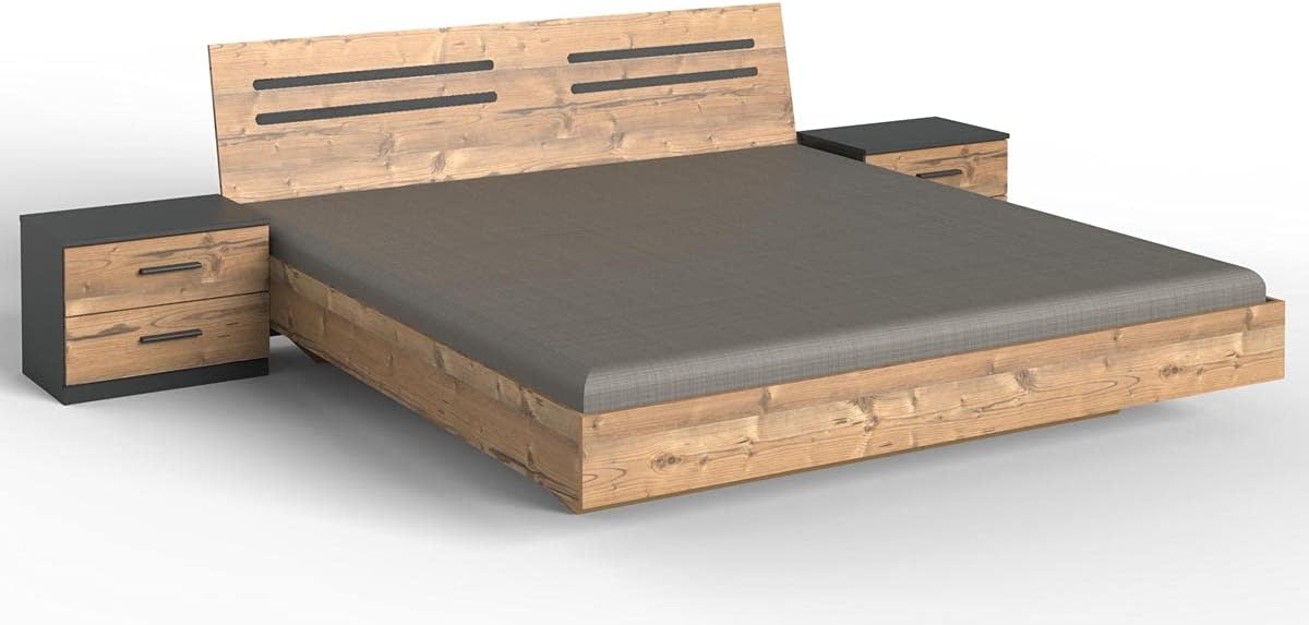 Lit adulte double 160x200 avec 2 chevets effet bois naturel style moderne dimensions 169x210x81 cm-Bamboogohaus