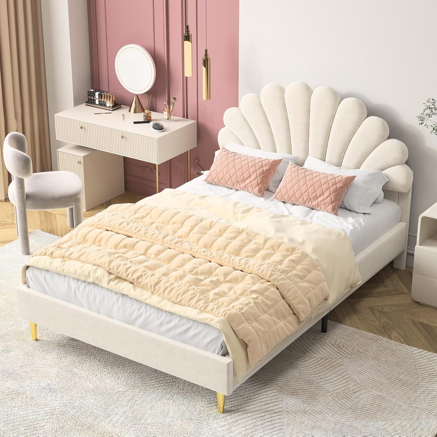Générique Lit Enfant Fille 140 x 200 cm Beige-032 Lit Rembourré Pétales avec Tête Réglable et Sommier à Lattes Sans Matelas-Bamboogohaus