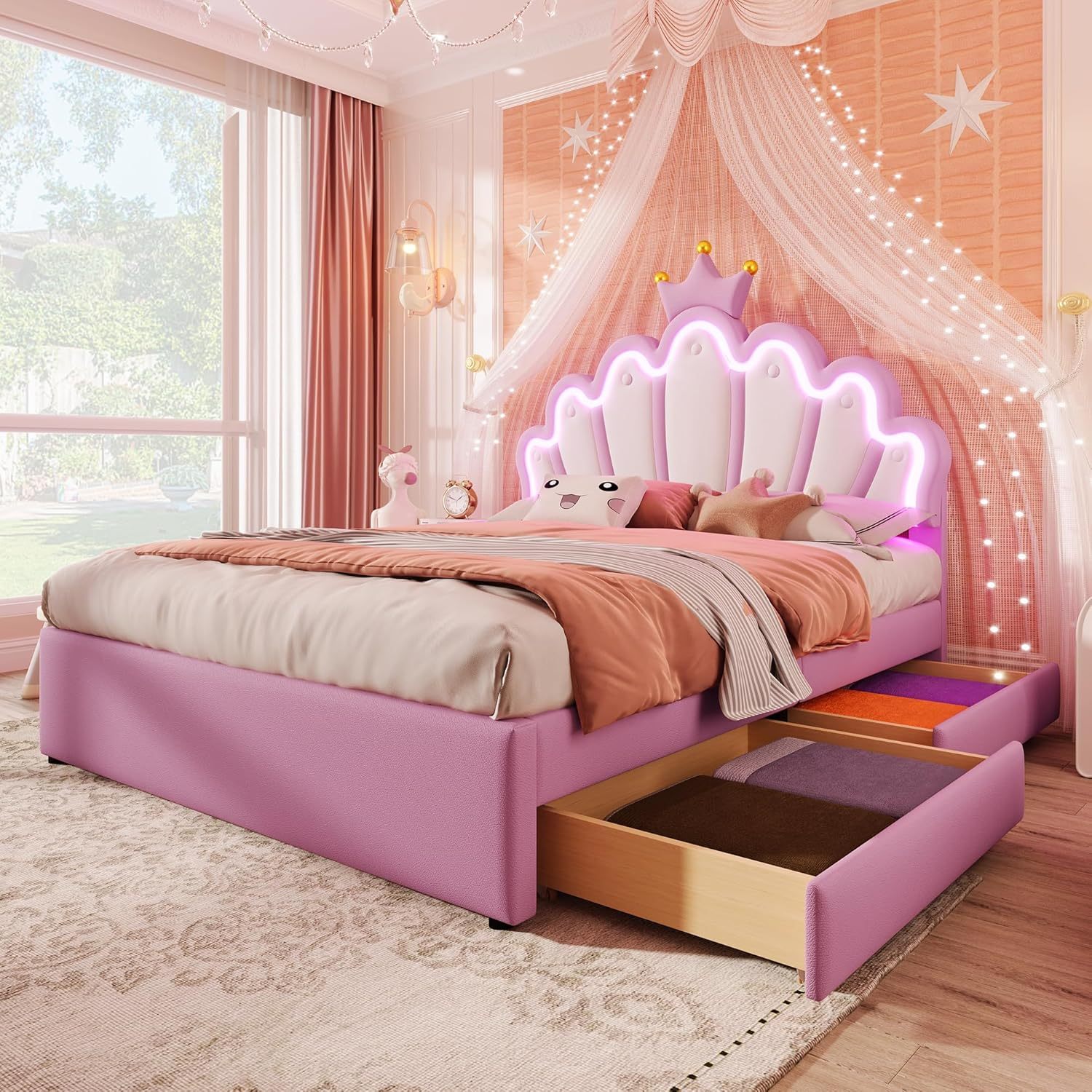 Merax Lit Enfant 140 x 200 cm Rose Lit Double Capitonné avec Tête Réglable Couronne LED 2 Tiroirs Cuir PU Sans Matelas-Bamboogohaus