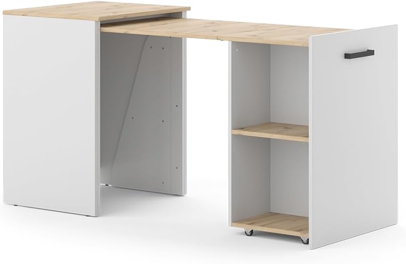 Bureau d'ordinateur rectangulaire extensible 60x50,4x78 cm bois d'ingénierie stratifié greige et chêne artisan style moderne-Bamboogohaus