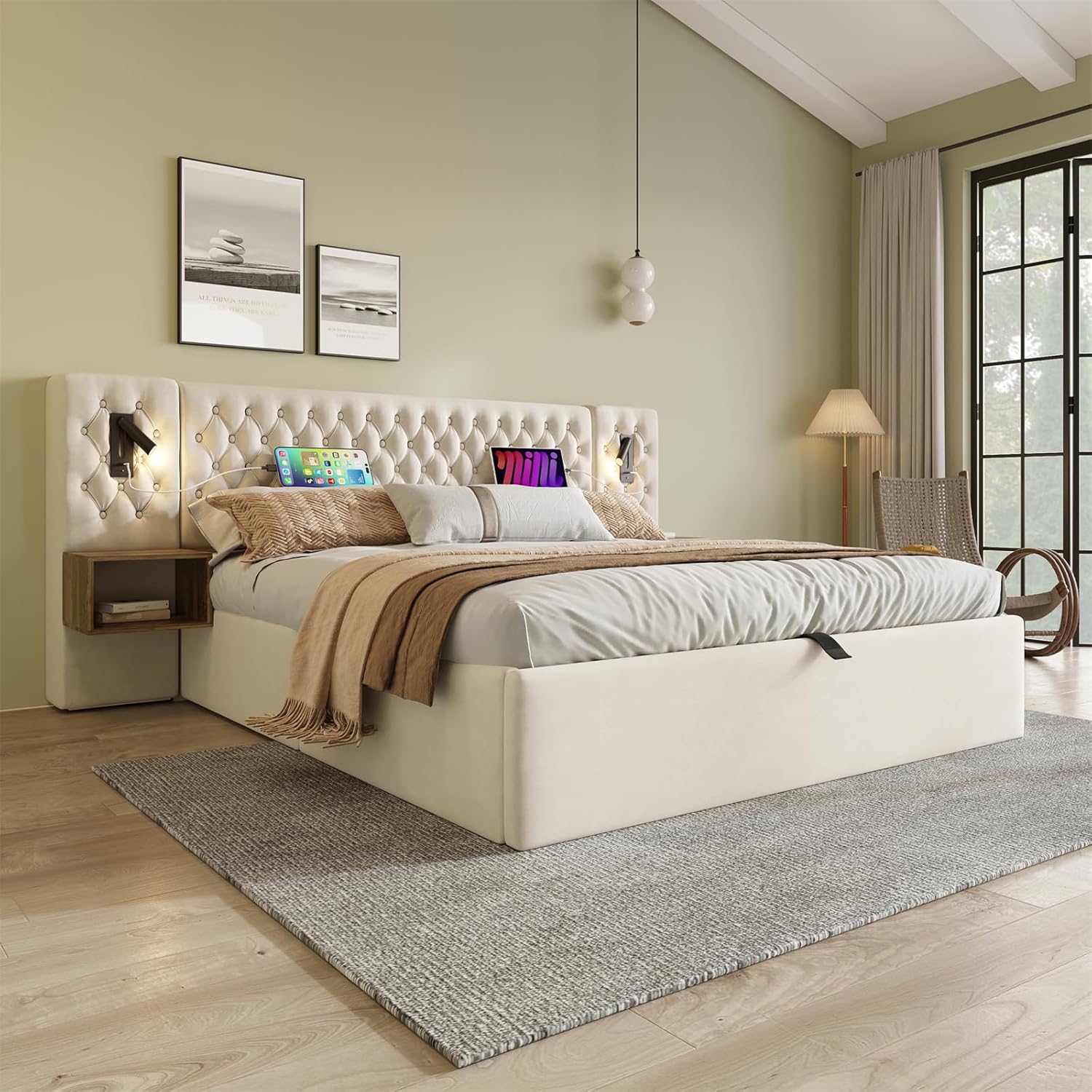 Lit double 160x200 cm avec rangement hydraulique 2 tables de nuit lampe lecture USB couleur beige dimensions 210x241x105 cm-Bamboogohaus