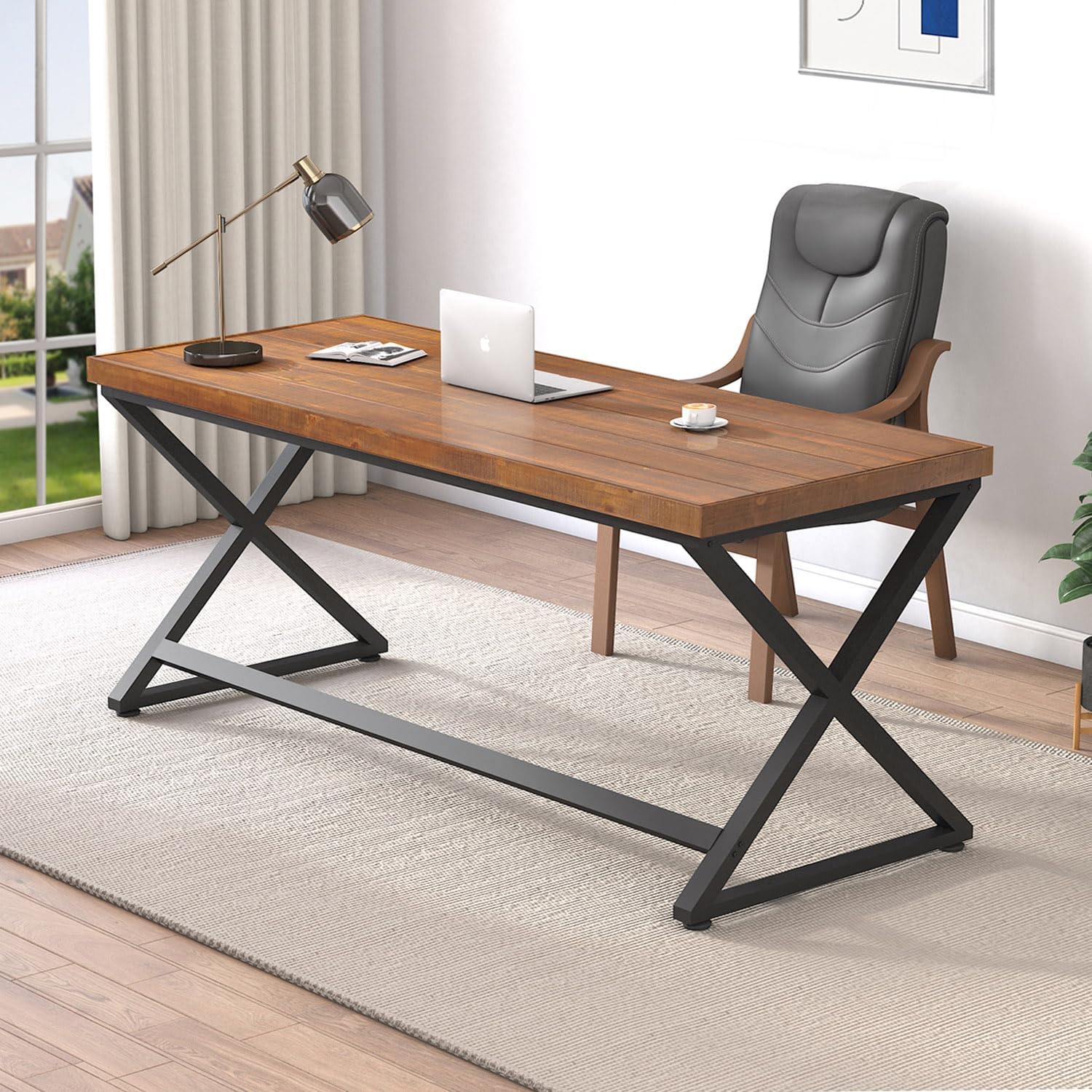 Bureau d'ordinateur rectangulaire 152x60x77 cm bois massif de sapin et métal marron rustique style minimaliste stable-Bamboogohaus