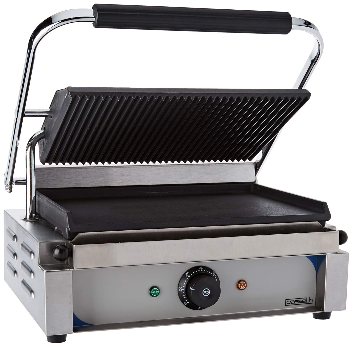 Casselin CGPRL Grill Panini Plaques Rainurée et Lisse 230V, Gril Professionnel en Acier Inoxydable et Fonte 2200W avec Bac Récupérateur-Bamboogohaus