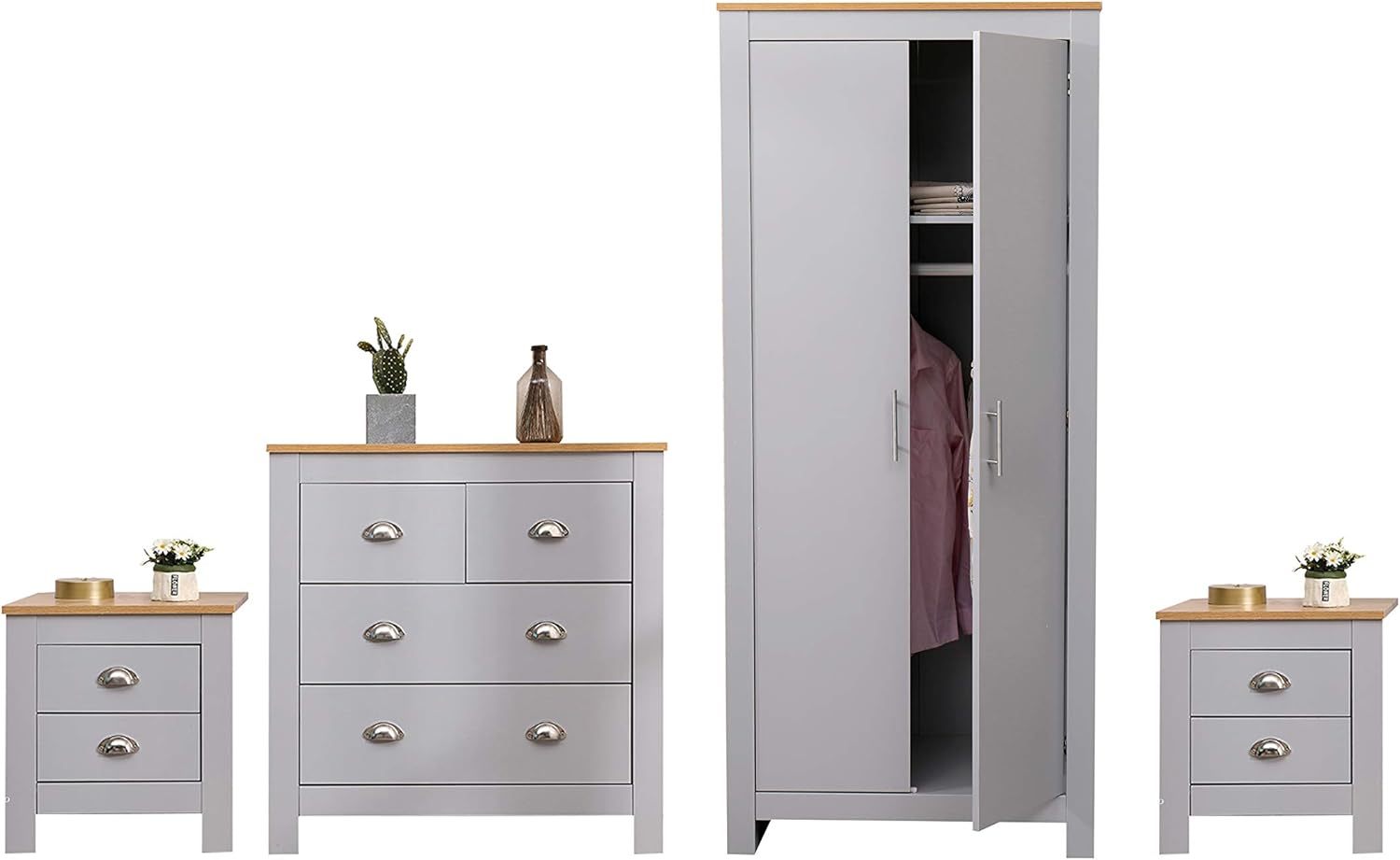 Ensemble de meubles chambre moderne gris armoire 2 portes commode tiroirs table de chevet design contemporain 4 pièces-Bamboogohaus