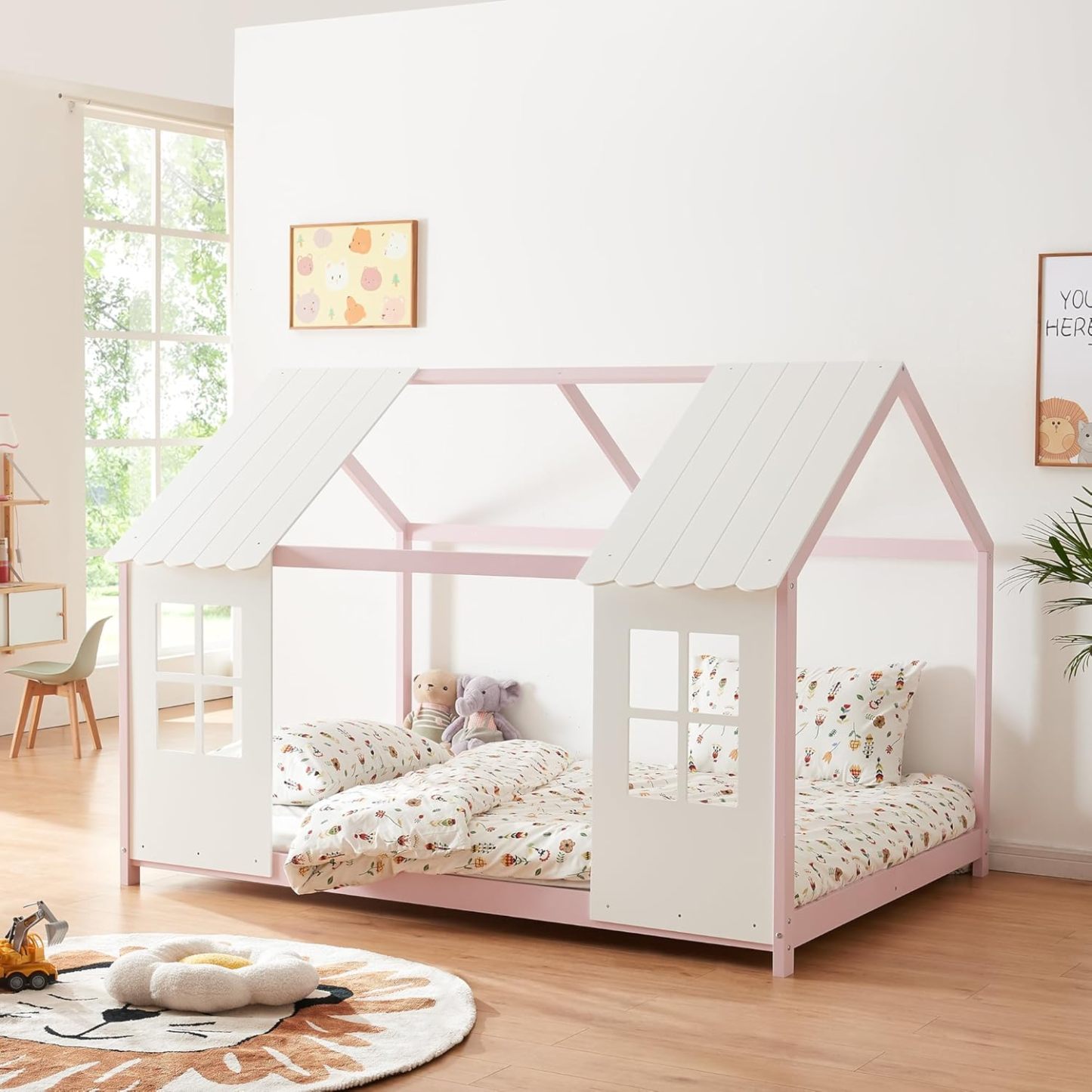 en.casa Lit Cabane Enfant 120 x 200 cm Rose Blanc Forme Maison avec Fenêtres et Toit Sommier Inclus Bois de Pin 207 x 127 x 141 cm-Bamboogohaus