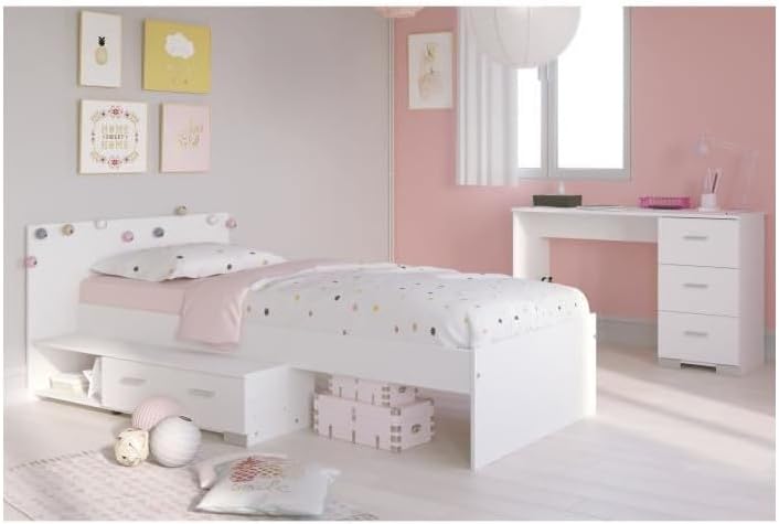 Chambre enfant complète Cosmos 2 pièces avec lit et bureau style essentiel décor blanc rectangulaire-Bamboogohaus