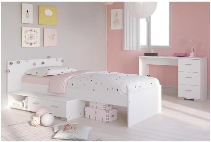 Chambre enfant complète Cosmos 2 pièces avec lit et bureau style essentiel décor blanc rectangulaire-Bamboogohaus