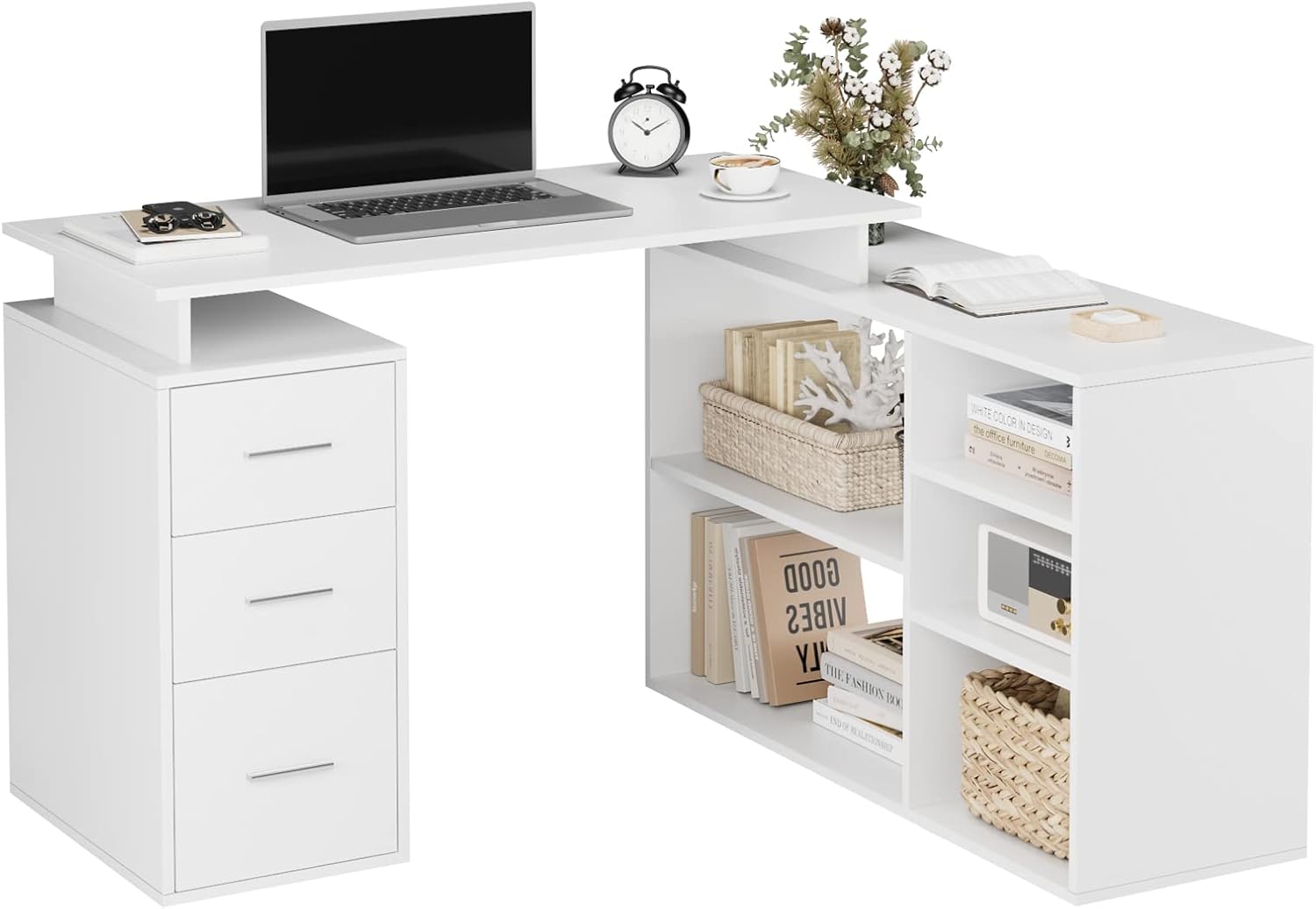 Bureau d'angle en forme de L 129x104x76 cm avec 3 tiroirs et étagères réglables bois blanc style moderne-Bamboogohaus