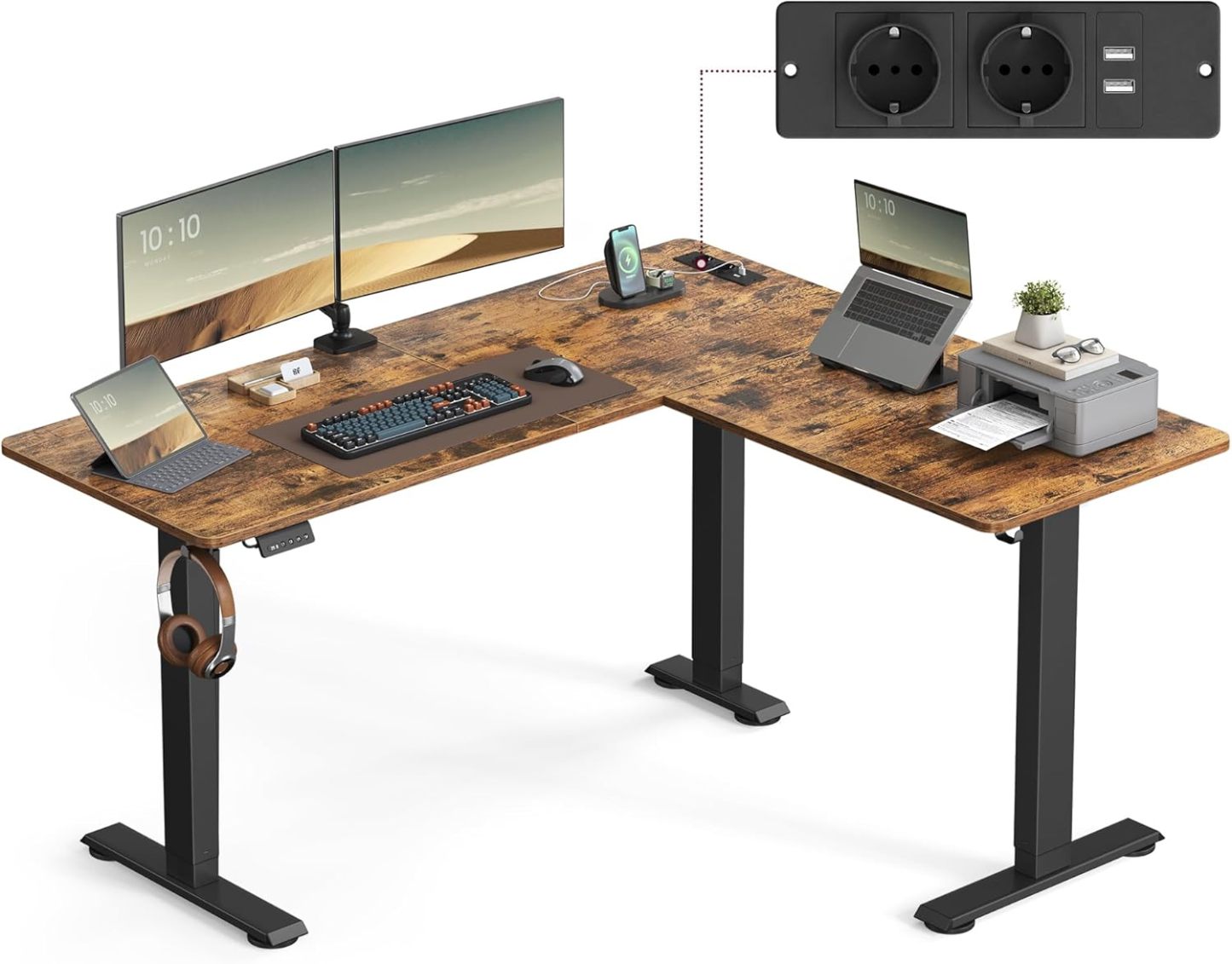 Bureau électrique d'angle en forme de L 140x160 cm réglable en hauteur avec multiprise fonction mémoire bois d'ingénierie et acier marron rustique et noir style moderne-Bamboogohaus