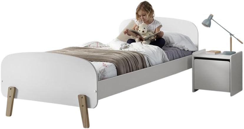 Lit enfant 206.6x96x72 cm blanc avec table de chevet MDF pin massif design moderne ensemble 2 pièces-Bamboogohaus