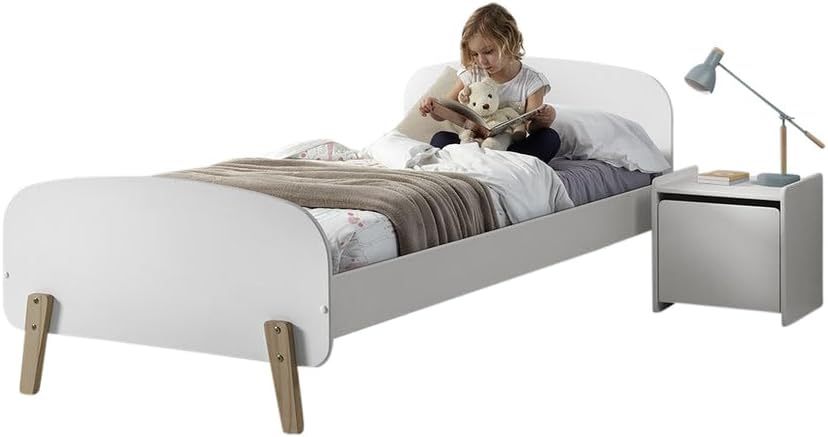 Lit enfant 206.6x96x72 cm blanc avec table de chevet MDF pin massif design moderne ensemble 2 pièces-Bamboogohaus