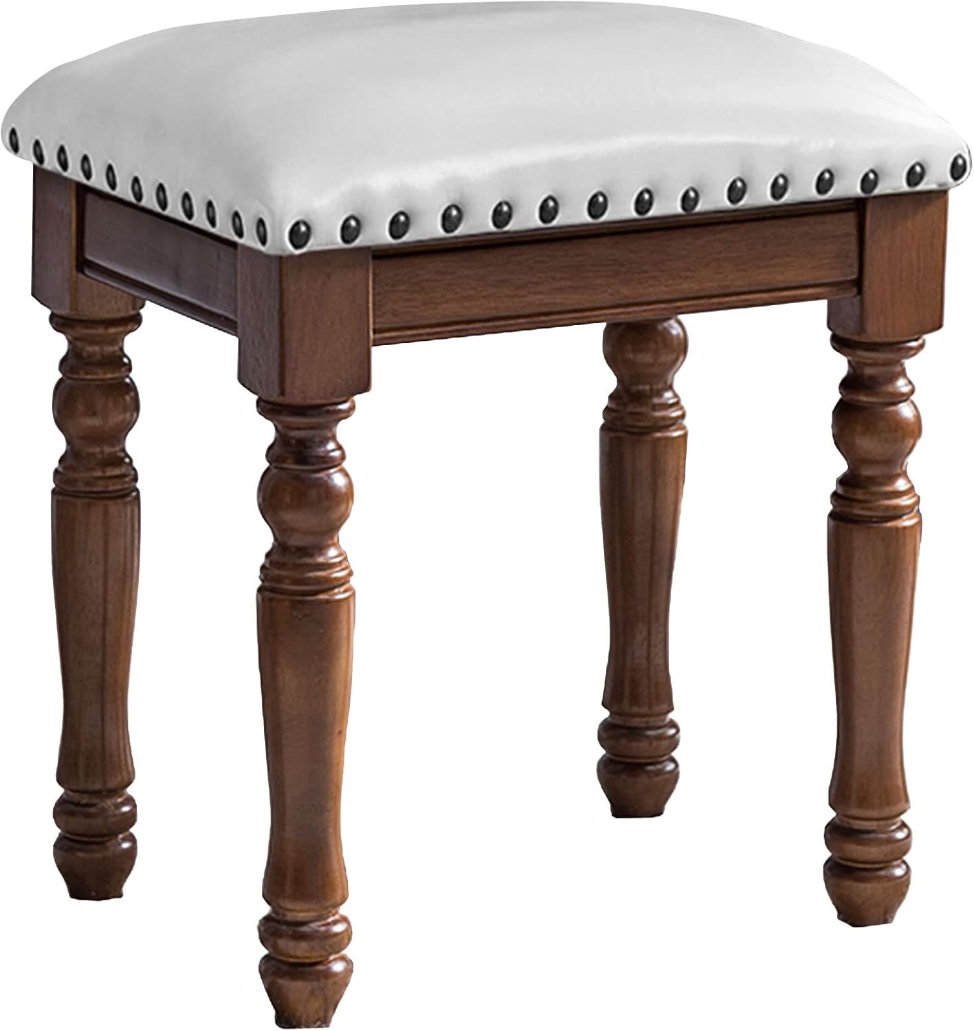 Tabouret coiffeuse moderne avec pieds en bois d’hévéa - Assise polyuréthane blanc - Brown Legs White B - Charge max 150 kg - 4,8 kg-Bamboogohaus