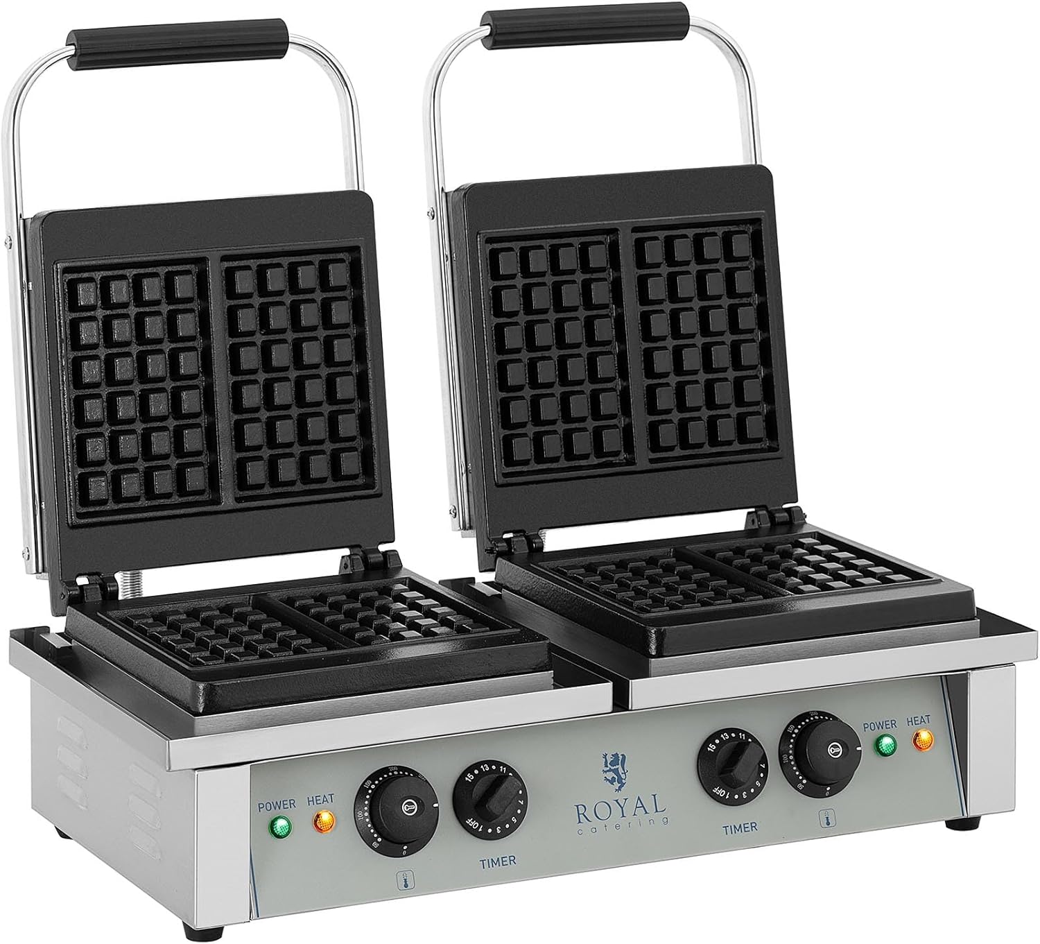 Royal Catering RCWM-4000-E Gaufrier carré 4000W (2 × 2000W), 37 × 62,5 × 50 cm, argenté, acier inoxydable et fonte émaillée, gaufre 10 × 17 cm, minuterie 15 min, 230V-Bamboogohaus
