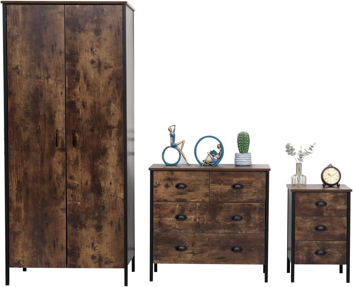 Ensemble de meubles chambre style industriel vintage armoire 2 portes commode 4 tiroirs table de chevet 3 tiroirs design moderne-Bamboogohaus