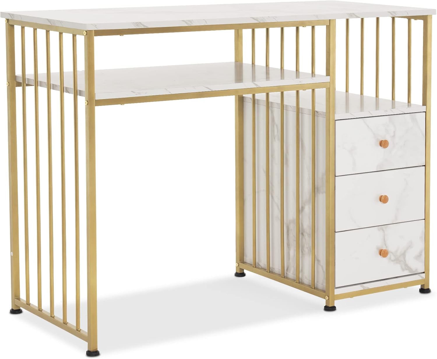 Bureau avec tiroirs 109x45,5x81 cm Coiffeuse sans miroir Blanc marbre et or Métal et marbre-Bamboogohaus