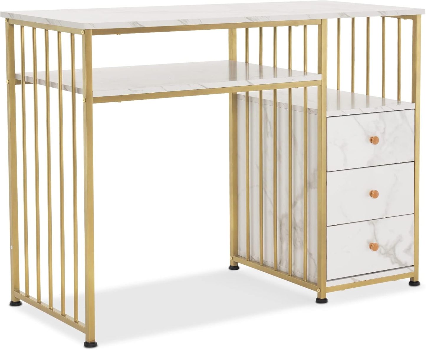 Bureau avec tiroirs 109x45,5x81 cm Coiffeuse sans miroir Blanc marbre et or Métal et marbre-Bamboogohaus