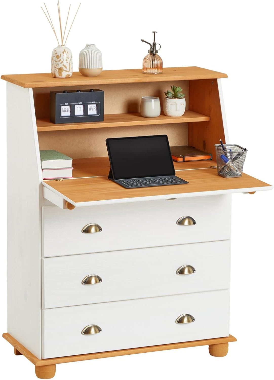 Secrétaire bureau rabattable 108x38x82 cm avec 3 tiroirs et 1 étagère pin massif blanc et brun style campagne-Bamboogohaus
