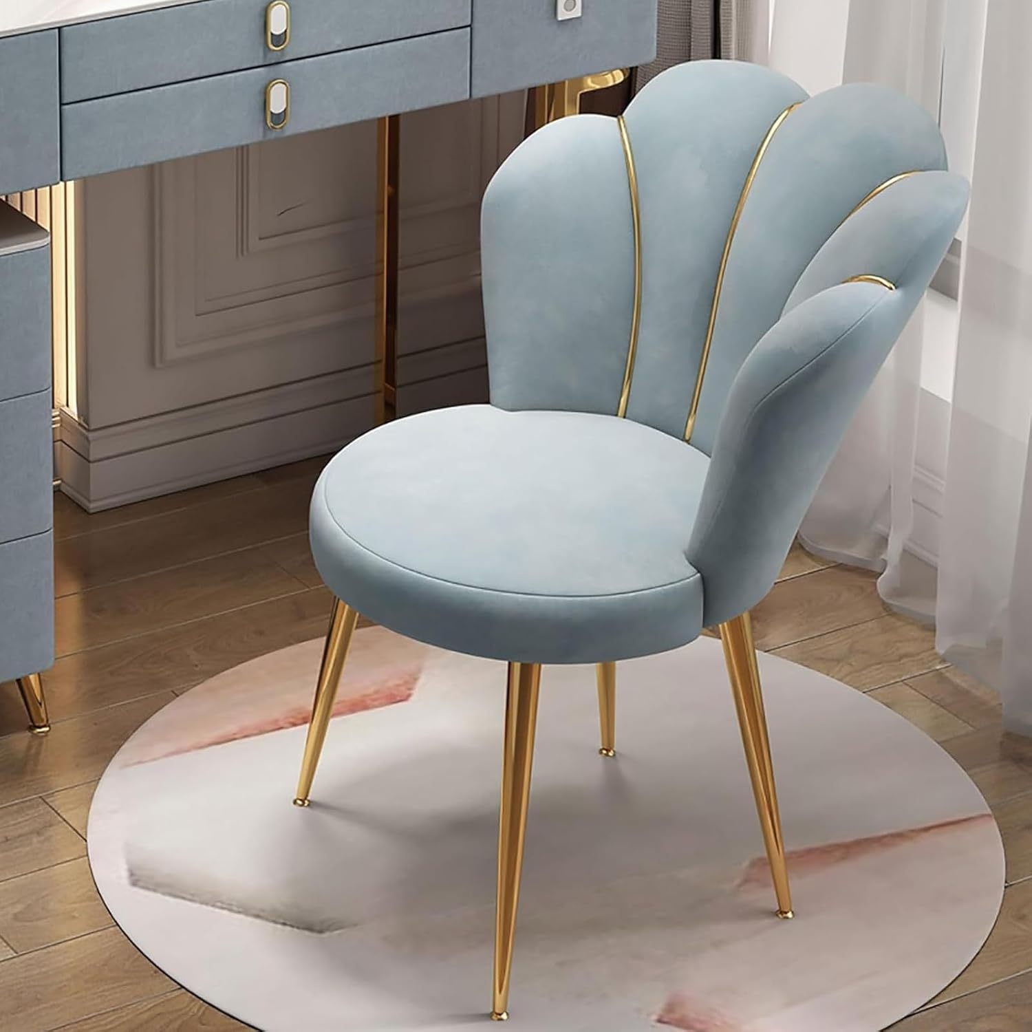 Tabouret de coiffeuse en velours Haze Blue avec dossier plein - Chaise d’appoint chambre - Pieds en métal - Style moderne uni-Bamboogohaus