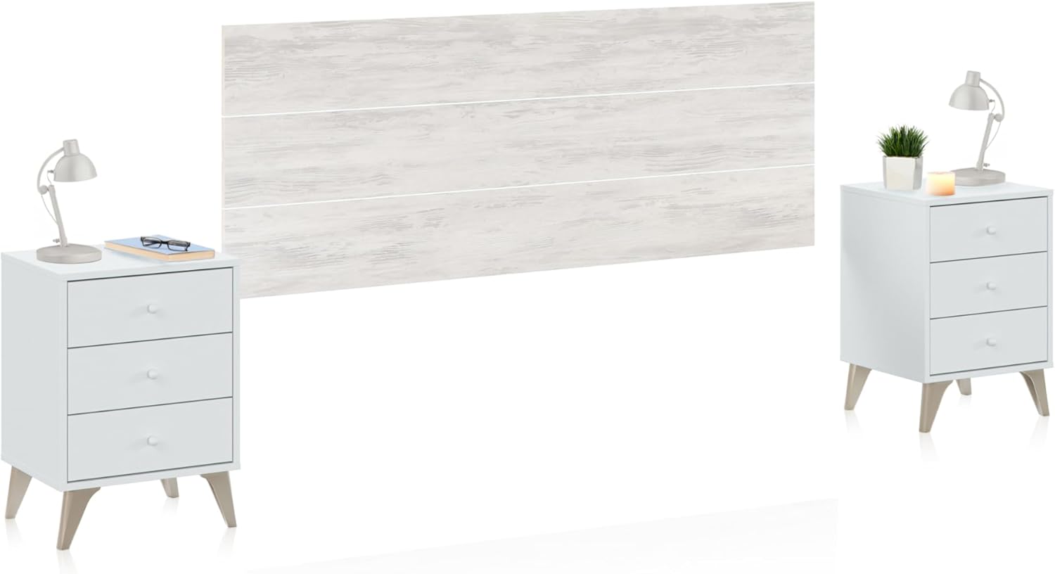 Tête de lit avec 2 tables de nuit style scandinave couleur blanc dimensions 240x116x34 cm pour chambre à coucher-Bamboogohaus