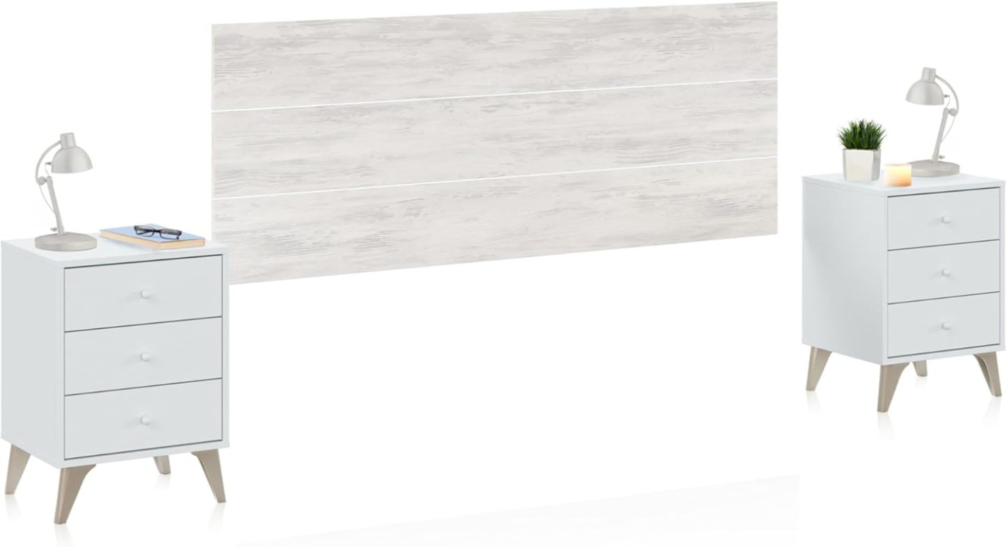 Tête de lit avec 2 tables de nuit style scandinave couleur blanc dimensions 240x116x34 cm pour chambre à coucher-Bamboogohaus