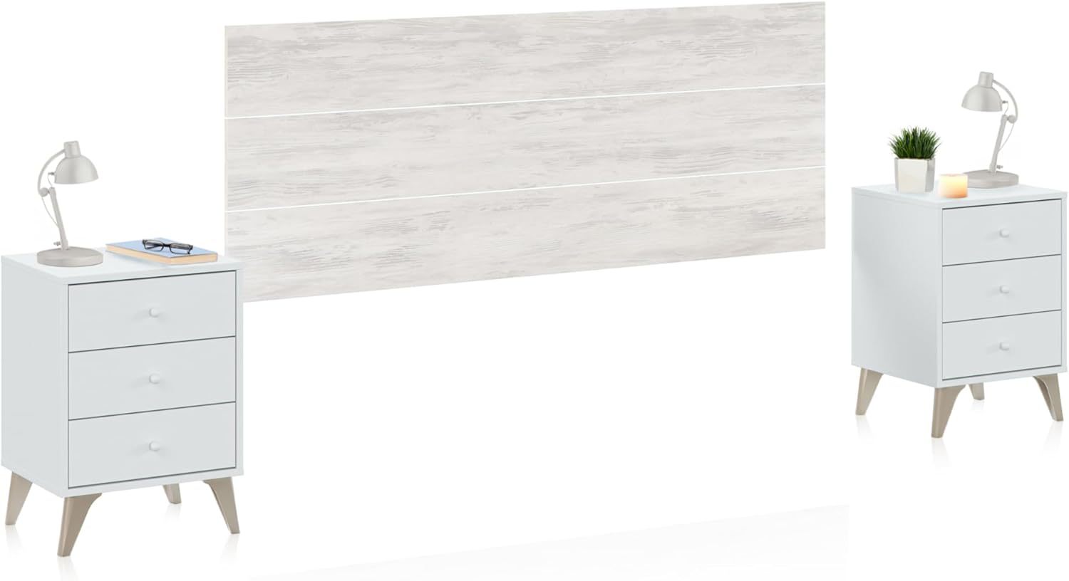 Tête de lit avec 2 tables de nuit style scandinave couleur blanc dimensions 240x116x34 cm pour chambre à coucher-Bamboogohaus