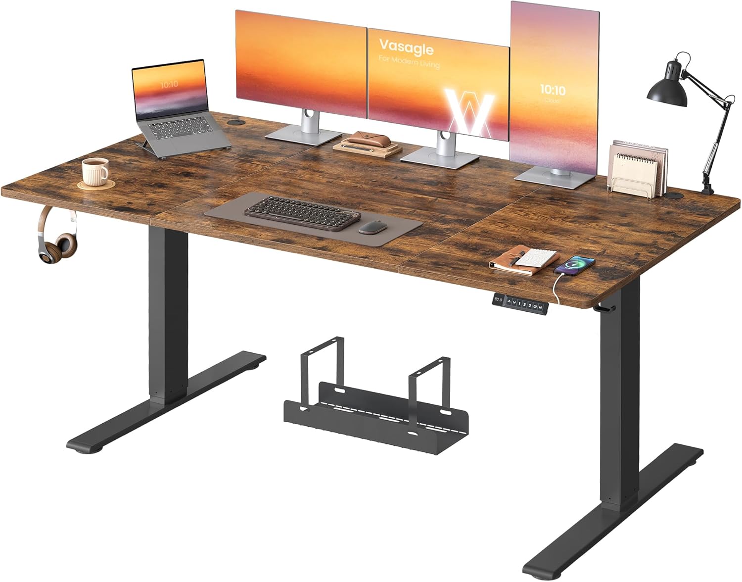 Bureau électrique réglable en hauteur 180x80 cm avec port USB-C fonction mémoire et rappel de sédentarité bois et métal marron rustique-Bamboogohaus