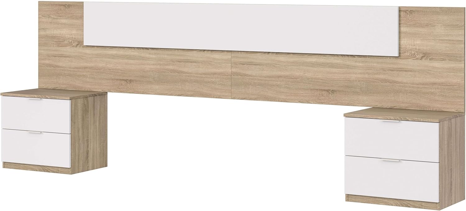 Tête de lit avec 2 tables de chevet 247x38x95 cm blanc Artik et chêne canadien design moderne-Bamboogohaus
