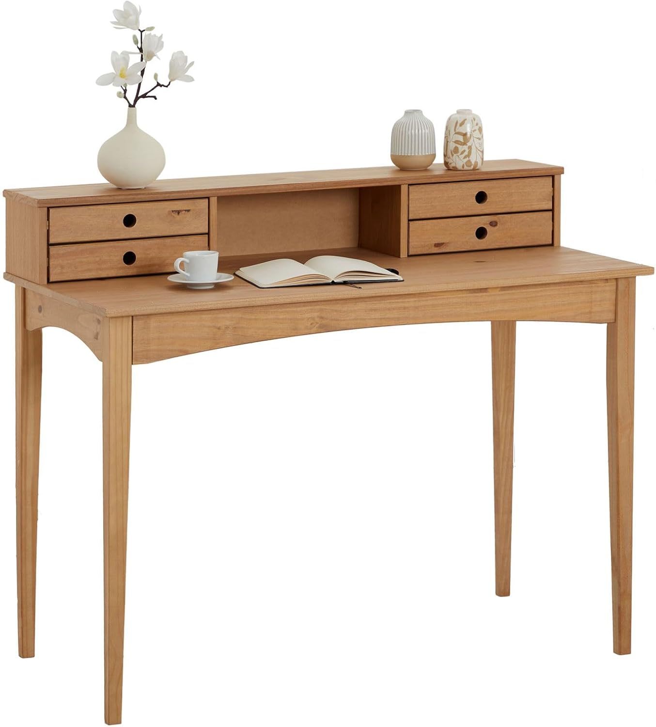 Bureau secrétaire en pin massif 110x54x91 cm avec 4 tiroirs et 1 niche Brun Bois de pin-Bamboogohaus
