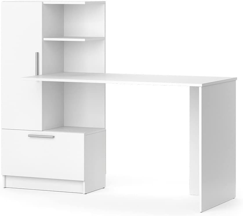 Bureau Tomy 150 x 59,3 x 120,1 cm Blanc Bois d'ingénierie Mélamine Rectangulaire Style Moderne Résistant aux Rayures-Bamboogohaus