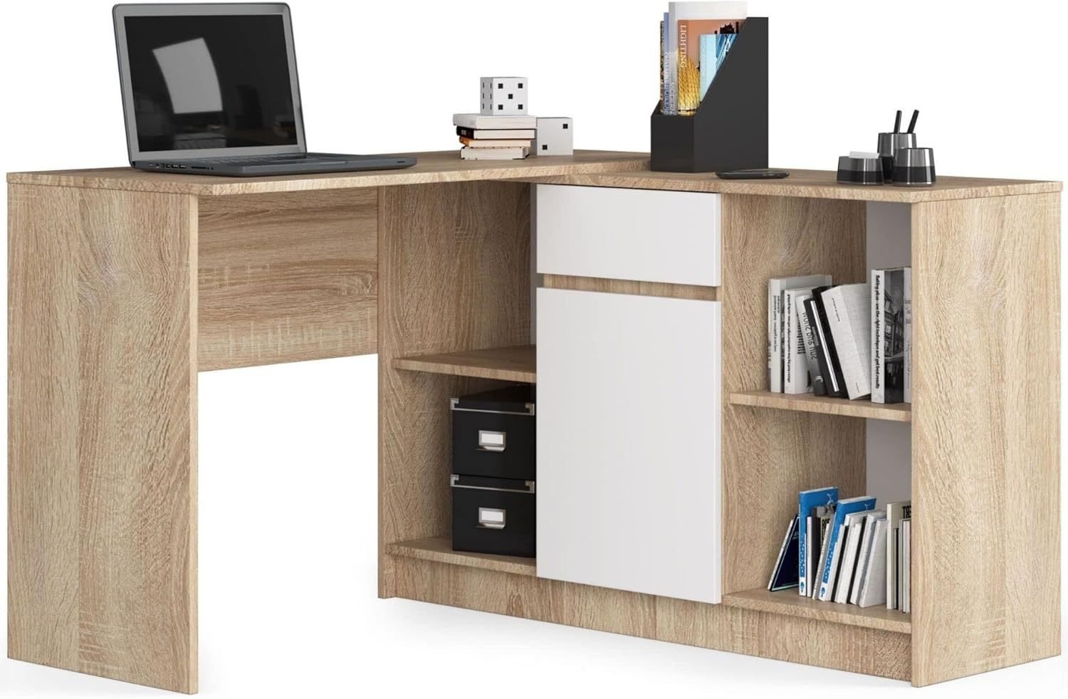 Bureau d'angle en forme de L 120x126x79 cm avec 1 tiroir 1 porte et 2 étagères bois chêne sonoma et blanc style classique-Bamboogohaus