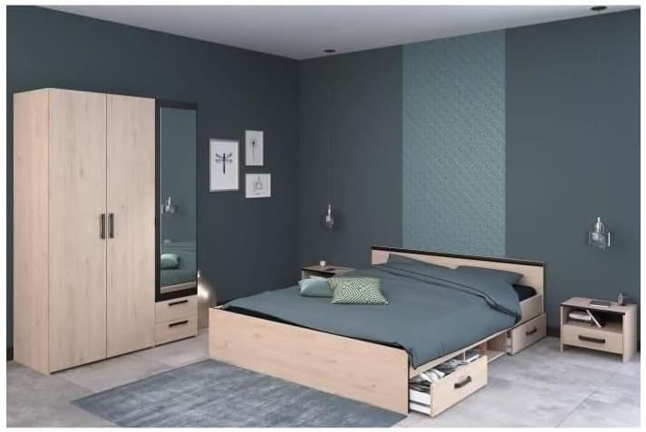 Chambre complète adulte décor chêne et noir design industriel avec lit chevets et rangements-Bamboogohaus