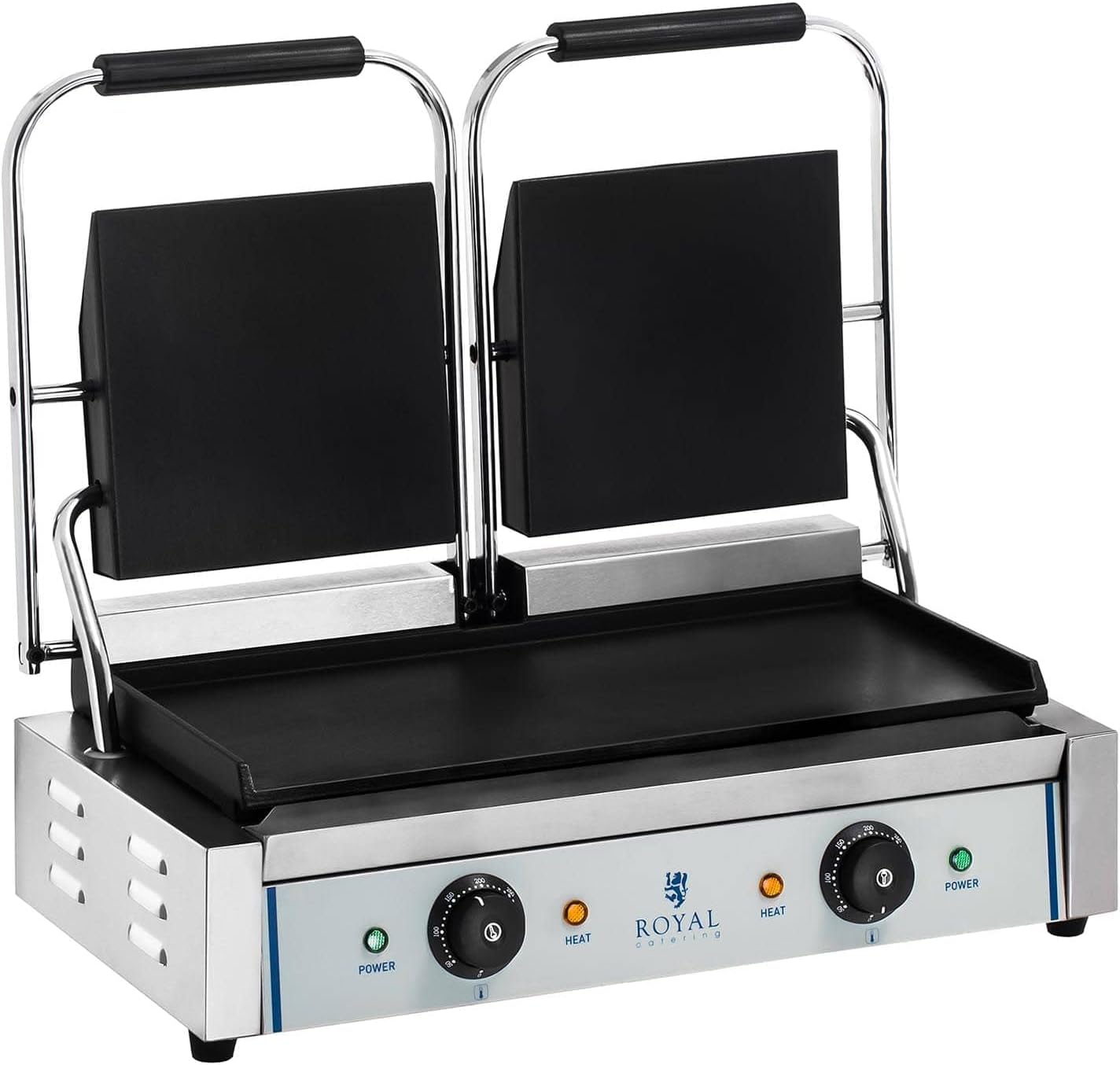 Royal Catering Machine à Panini Toaster Lisse RCKG-3600-F 240V, Gril Chauffant 2x1800W Plaque 48 x 23 cm en Acier Inoxydable avec Récupérateur de Graisse-Bamboogohaus