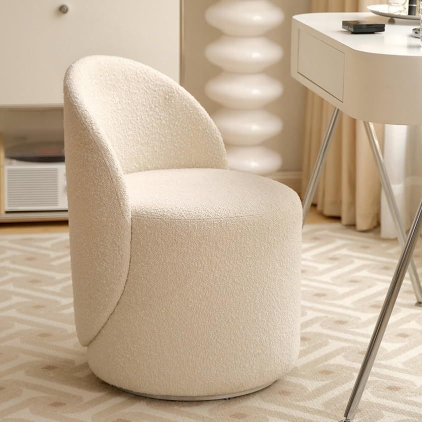 Chaise de maquillage 44x44x67 cm avec dossier plein et appuie-tête - Tabouret de coiffeuse en laine d’agneau blanche - Structure en bois - Pour chambre et dressing-Bamboogohaus