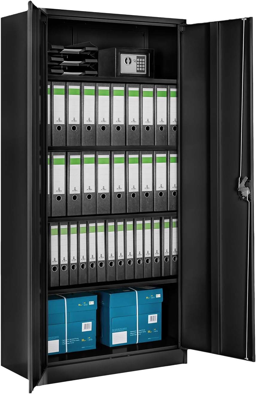 Armoire de bureau métallique 90x180x40 cm avec serrure 2 portes et 4 étagères réglables Marron Acier allié-Bamboogohaus