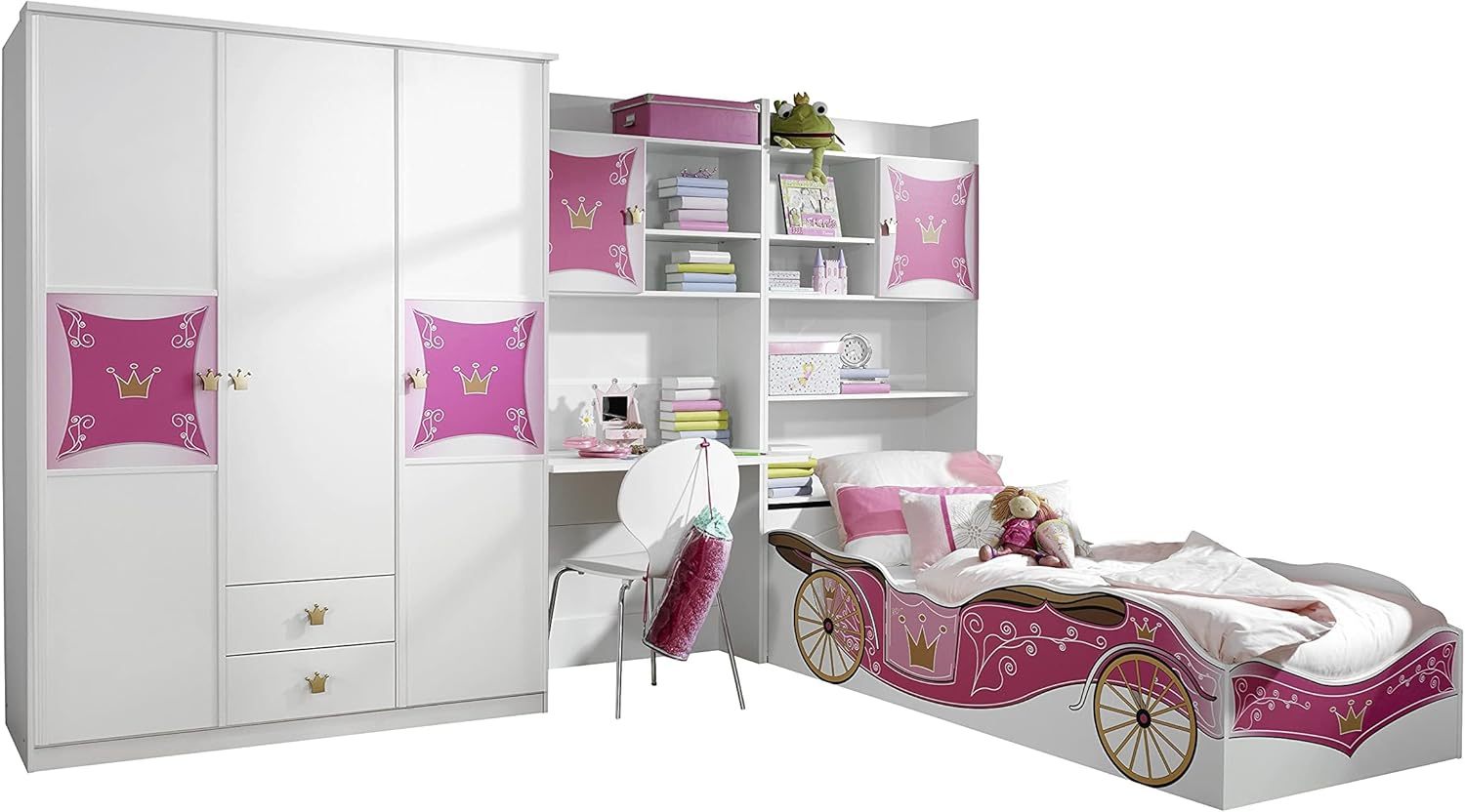 Rauch Kate Chambre Enfant Fille Style Princesse Blanc Motif Rose et Or Ensemble 4 Pièces Moderne avec Armoire-Bamboogohaus