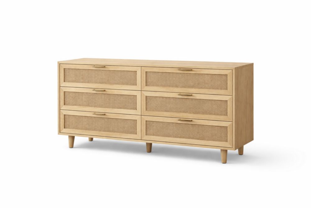 Cassettiera in Legno massello e rattan intrecciato marrone 130cm x 45cm x 75cm