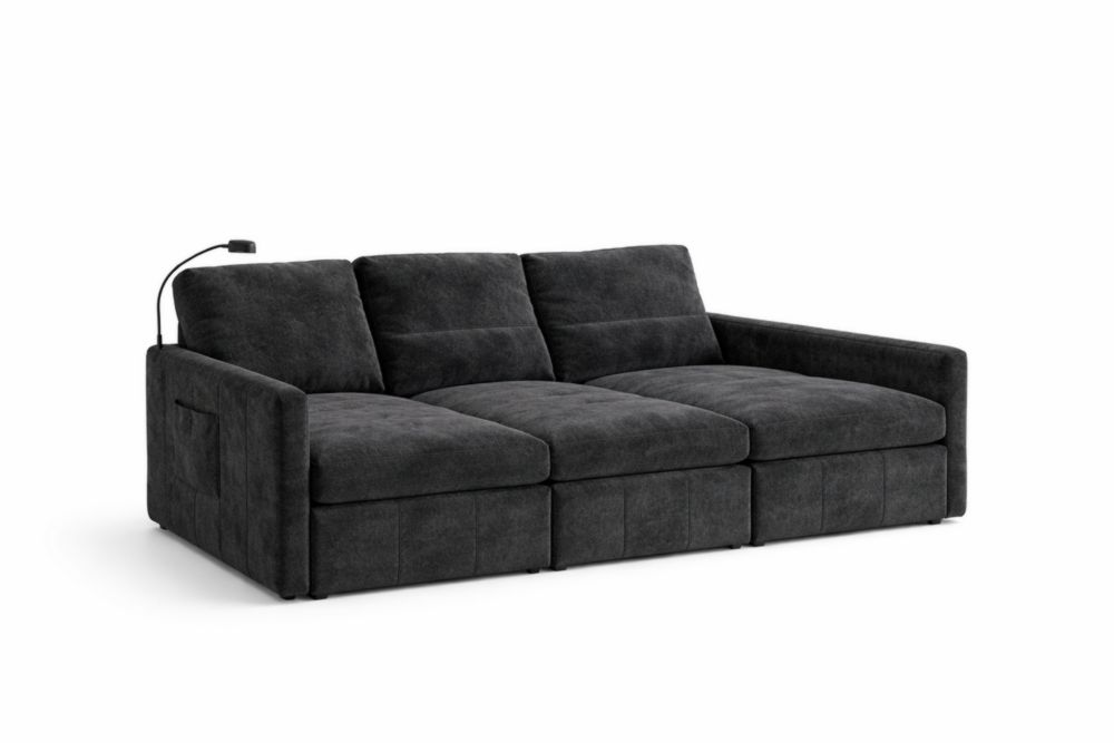 Divano modulare in microfibra nera 3 posti con lampada