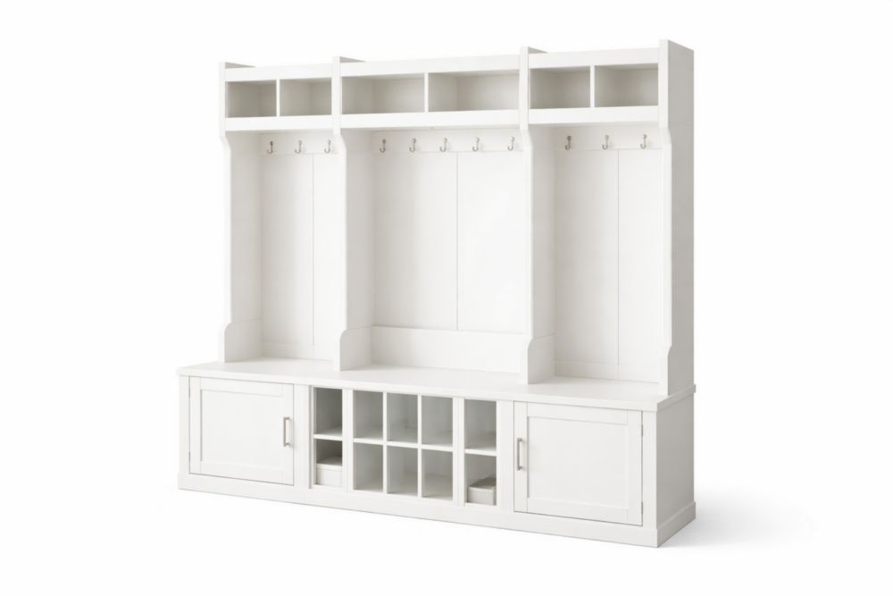 Panca guardaroba modulare in Legno massello bianco con ganci e scomparti