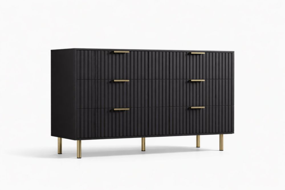 Cassettiera in Legno massello nero con maniglie e gambe in Acciaio inossidabile