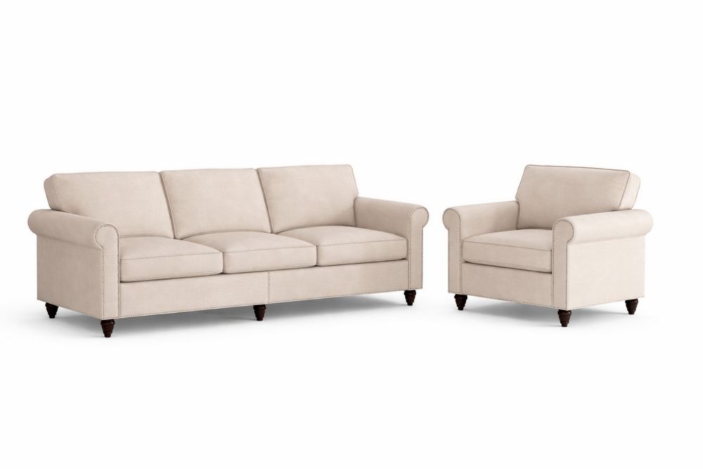 Divano 3 Posti e Poltrona in Tessuto Beige Anti-Macchia