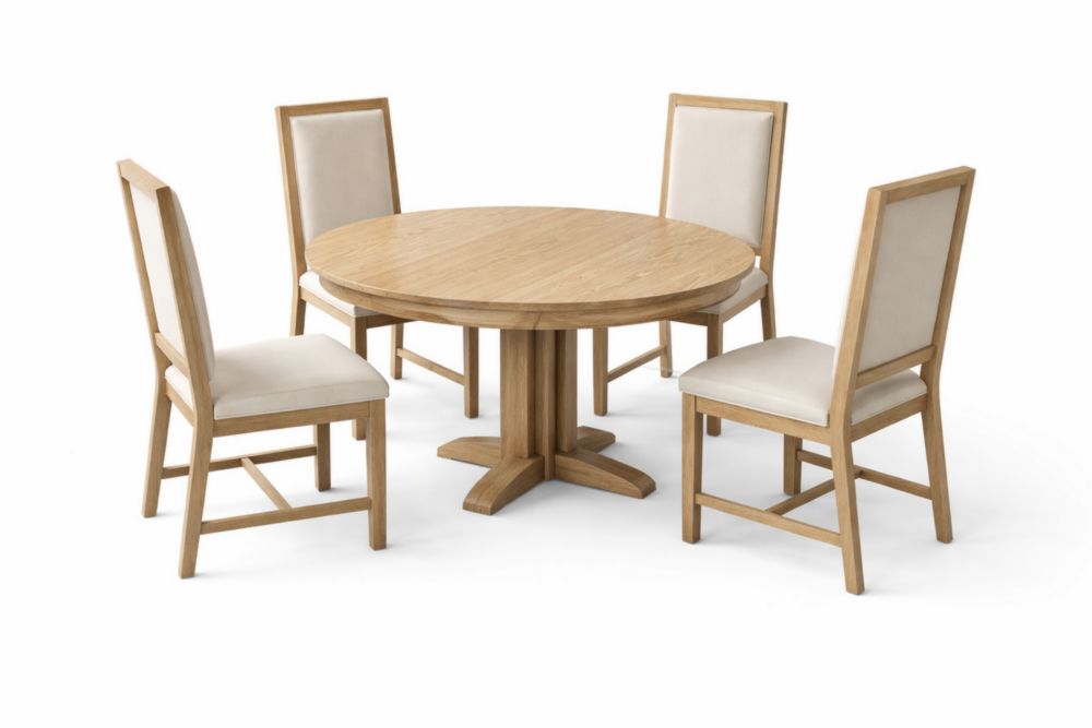 Set tavolo rotondo e 4 sedie in legno di quercia con imbottitura in tessuto sintetico crema