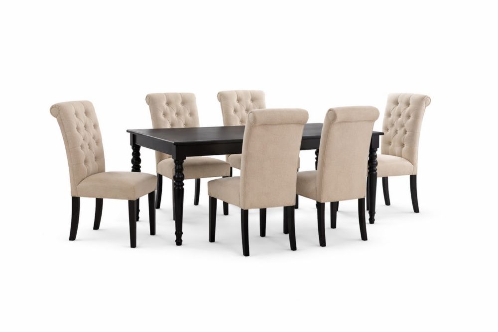 Set Tavolo Legno massello Tinto Nero con 6 Sedie Imbottite in Tessuto Beige